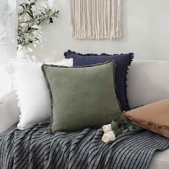 Foindtower Set of 2 Decorative Linen Fringe Throw Pillow Covers Cozy Farmhouse Boho Cushion Cover with Tassels Soft Accent Pi