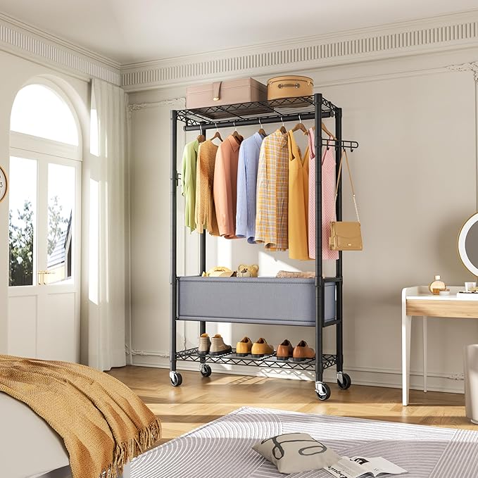 Heavy Duty Clothes Rack Rolling Garment Rack,3 Tier Adjustable Wire Shelving Clothing Racks for Hanging Clothes with Double R