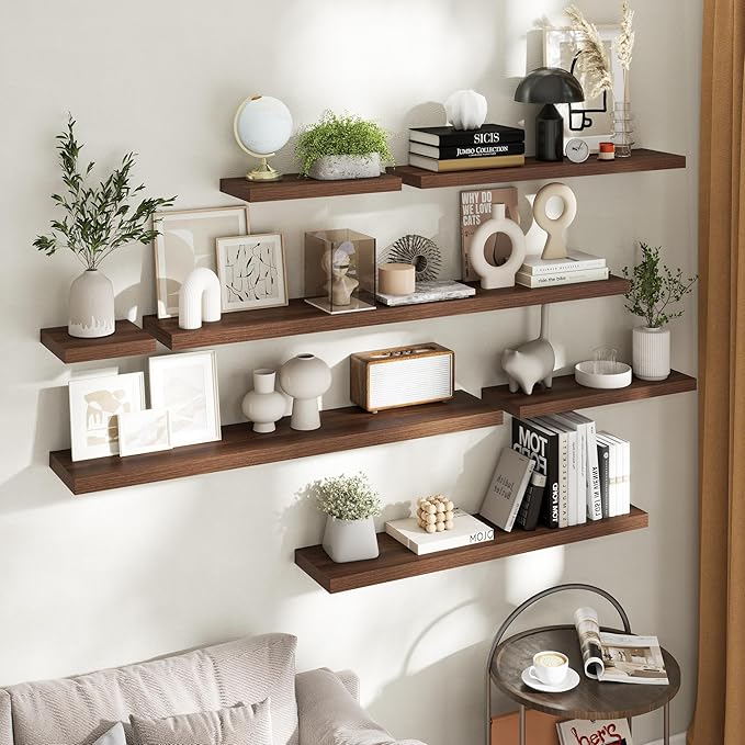 32 Inch Floating Shelves for Wall Set of 2, 8"D Wood Grain Bathroom Shelves with Invisible Brackets, Easy Install Engineered 
