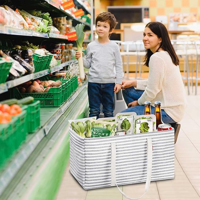 LHZ.K Standing Extra Large Utility Tote Bag 2 Pack, Foldable Reusable Grocery Bags with Metal Wire Frame & Hard Bottom Board