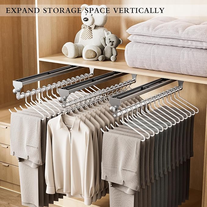 2 Pack Pull Out Closet Rod, 15.7inch Heavy Duty Pants Rack, Adjustable Clothes Hanger Rail, Space Aluminum Valet Rod, Top Mou