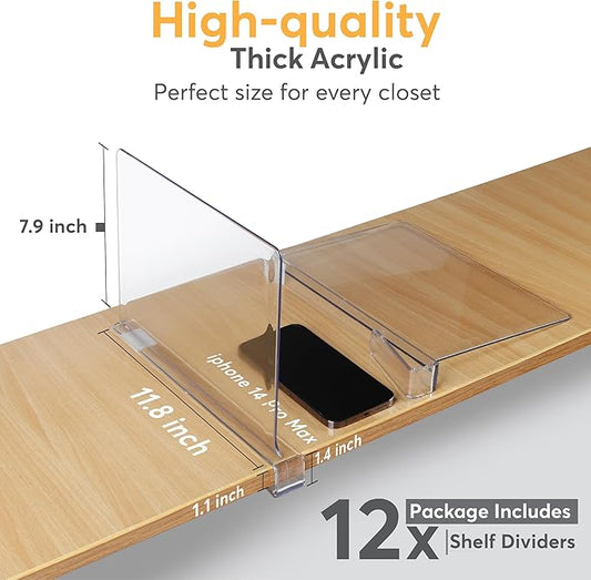 12 Pack Acrylic Shelf Dividers for Closet 11x7.9 Inch – Acrylic Dividers for Shelves Clear Closet Shelf Separators for Purses