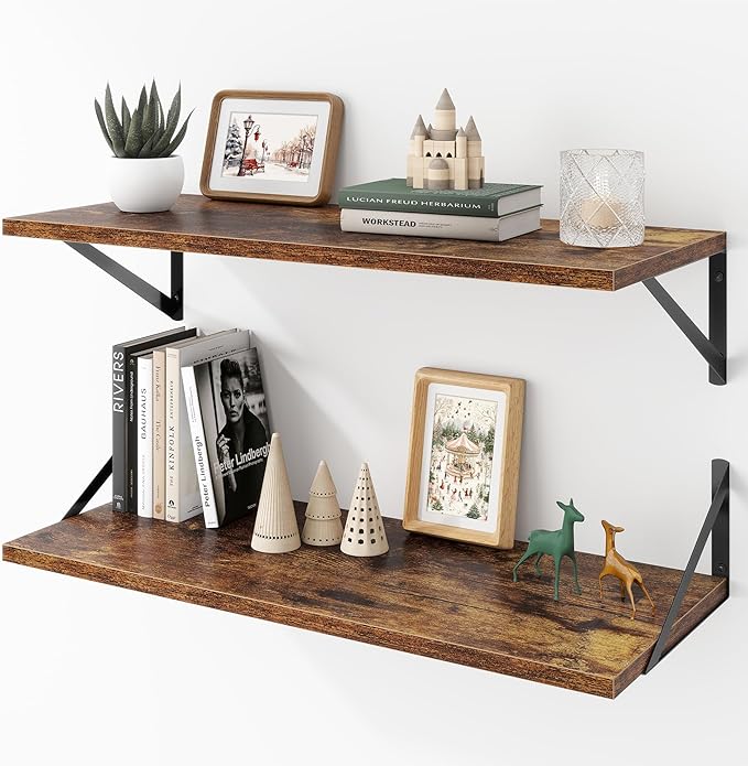 Deep Floating Shelves Wall Mounted, 30"x12" Brown Wood Shelves with Brackets Set of 2 for Bedroom, Living Room, Bathroom, Kit