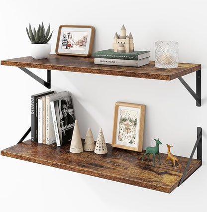 Deep Floating Shelves Wall Mounted, 30"x12" Brown Wood Shelves with Brackets Set of 2 for Bedroom, Living Room, Bathroom, Kit