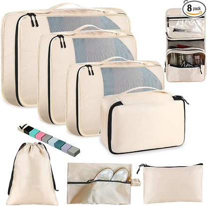 Toncoke 8-Piece Packing Cubes for Travel, Mesh Luggage Organizers with Shoe Bag, Toiletry Bag, Laundry Pouches, 4 Sizes (XL/L