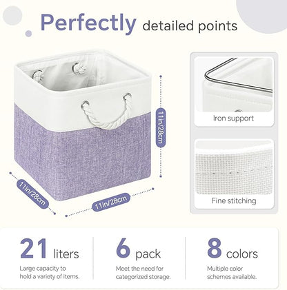 FinishingBo Large 11x11 Inch Cube Storage Bins with Cotton Handles for Closet, Shelves, Clothes, Towel (White/Purple-6 Pack)