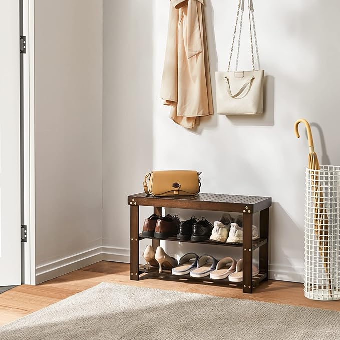 Pipishell Bamboo Shoe Rack Bench, 3 Tier Sturdy Shoe Bench, Storage Shoe Organizer, Holds up to 300lbs for Entryway Bedroom L