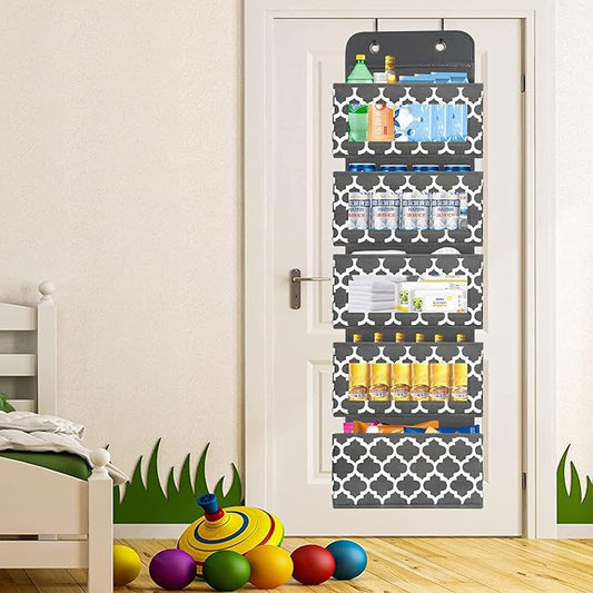 Over The Door Hanging Organizer with 5 Large Pockets - Wall Mount Pantry Storage with Clear PVC Window & 2 Big Metal Hooks fo
