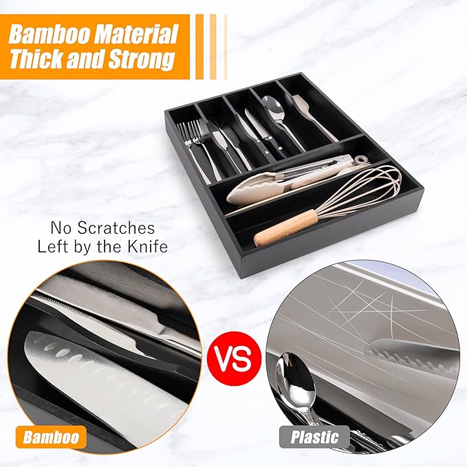 Bellsal Bamboo Silverware Drawer Organizer, Utensil Kitchen Drawer Organizer, Utensil Holder Cutlery Tray with Grooved Drawer