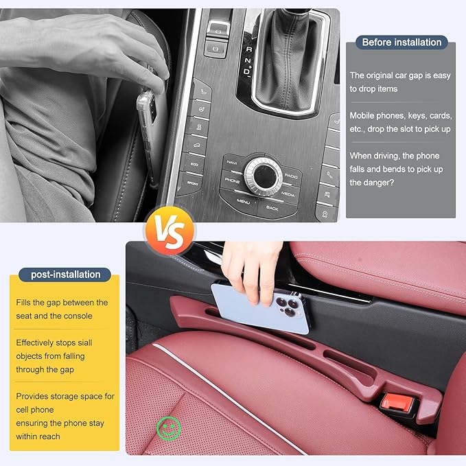 Car seat Gap Filler 2-Piece Multi-Functional Storage Belt with PU Material, seat Side Gap Filler to Prevent Items from Fallin