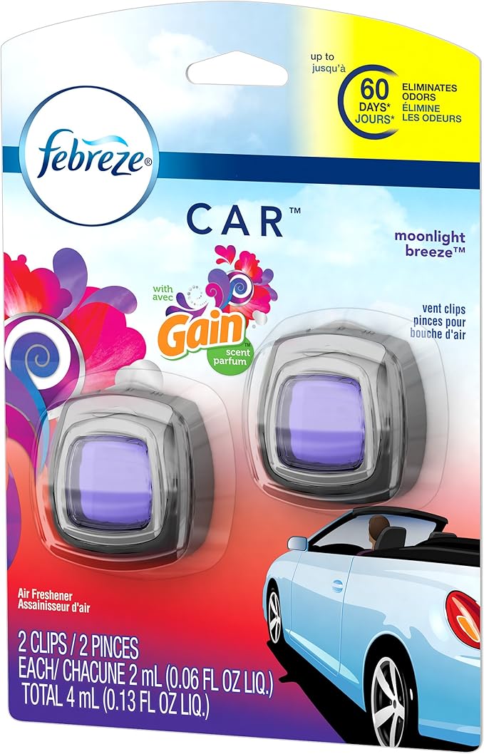 Febreze Car Odor-Eliminating Air Freshener Vent Clip with Gain Scent, Moonlight Breeze, 2 count