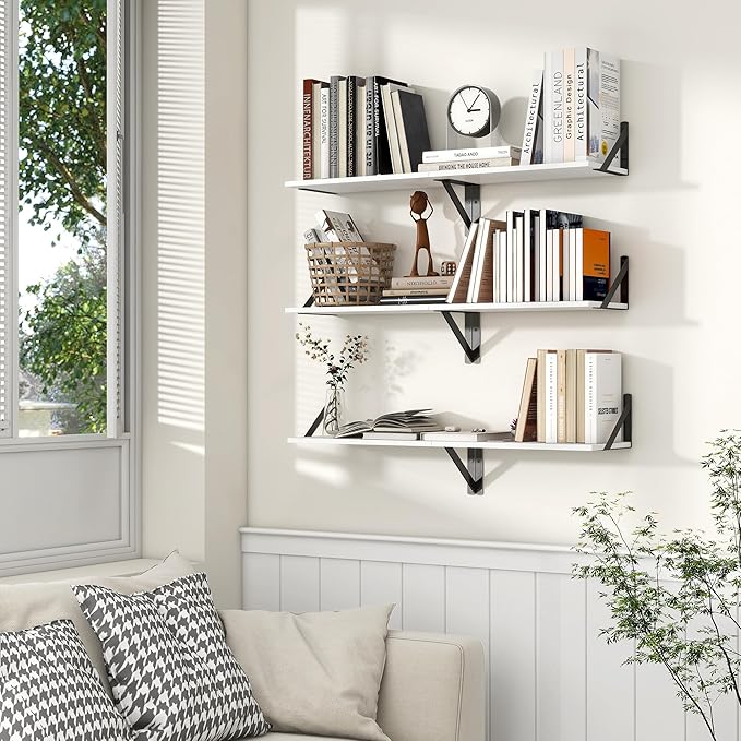 Axeman White Floating Shelves for Wall, 16''W x 8''D Floating Shelves Set of 2, 8 Inch Deep Wall Shelves for Bookshelf Living