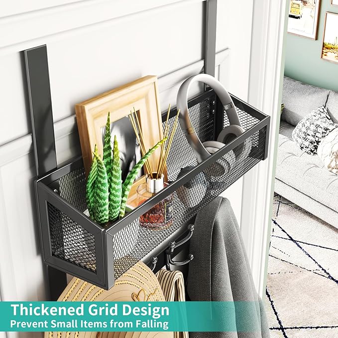 HapiRm Over The Door Hooks - Easy Installation Door Hanger with Basket and 16 Hooks, 304 Stainless Steel Storage Organizer fo