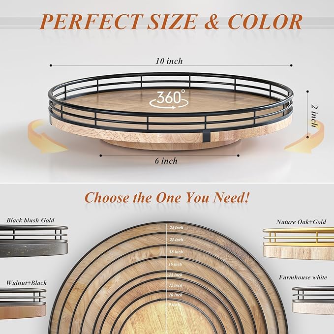 10" Lazy Susan Oak Wood Turntable Organizer for Cabinet, Round Wooden Farmhouse Lazy Susan Organization and Storage for Dinin