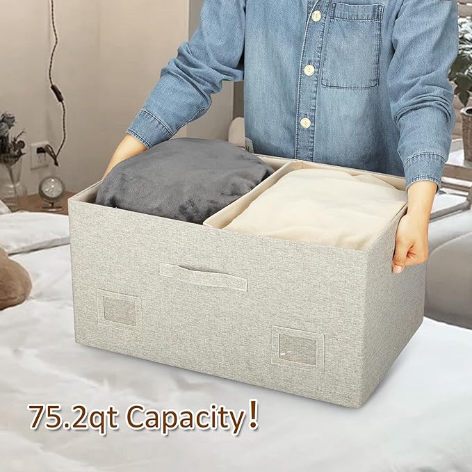 Graciadeco 75 Quarts Extra Large Decorative Storage Bins with Lids, 3 Packs Beige Collapsible Storage Bins with Lids, Stackab
