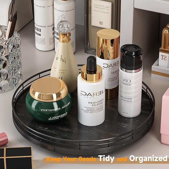 12" Oak Bathroom Vanity Tray Turntable for Perfume Candle, Round Wooden Decorative Tray for Kitchen Sink Countertop Organizer