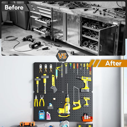 Peg Board, 68PCS Heavy Duty Metal Pegboard with Hooks, 4 Pack Black Peg Board Panels, 50lbs Load Capacity Each, Pegboard Wall