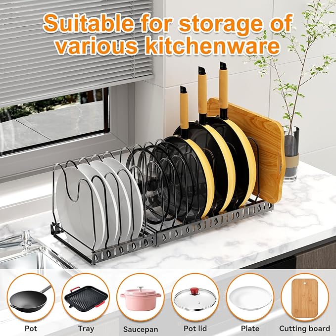 Pot and Pan Organizer Rack for Cabinet, 3 Expandable Pot Lid Organizer Holder with 12 Adjustable Compartment for Kitchen Cutting Board, Pan Lid, Cabinet Cookware Baking