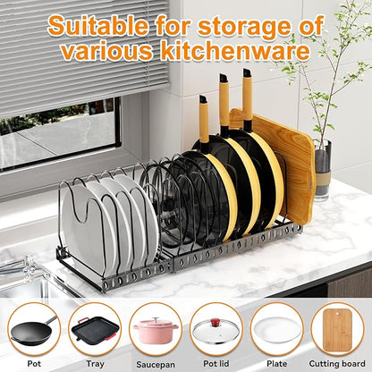 Pot and Pan Organizer Rack for Cabinet, 3 Expandable Pot Lid Organizer Holder with 12 Adjustable Compartment for Kitchen Cutting Board, Pan Lid, Cabinet Cookware Baking