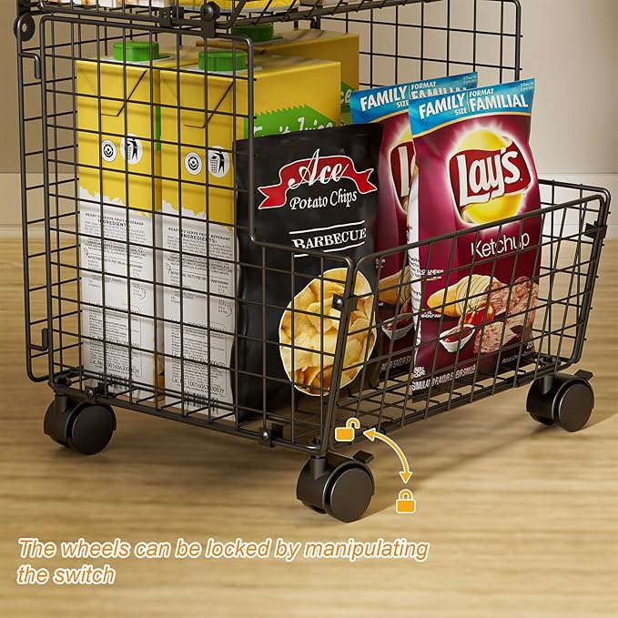Sonyabecca Outdoor Toy Storage Basket, Play Kitchen Organizer with 5 S-Hooks,3 Tier Rolling Storage Cart Garage, Pantry Floor