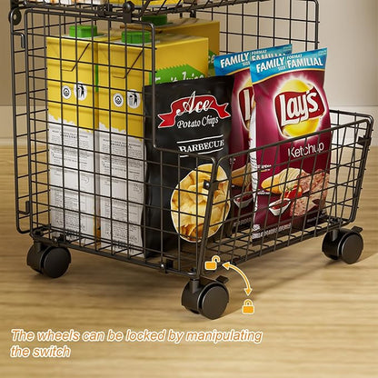 Sonyabecca Outdoor Toy Storage Basket, Play Kitchen Organizer with 5 S-Hooks,3 Tier Rolling Storage Cart Garage, Pantry Floor