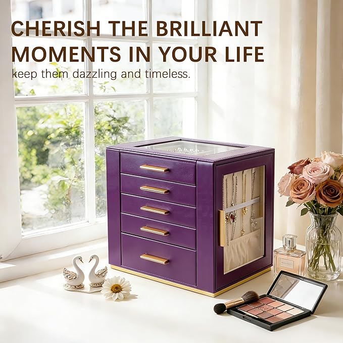 Homeanda Jewelry Box for Women with Glass Lid, 5 Drawers Jewelry Organizer and Storage for Necklaces, Rings, Earrings, Bracel