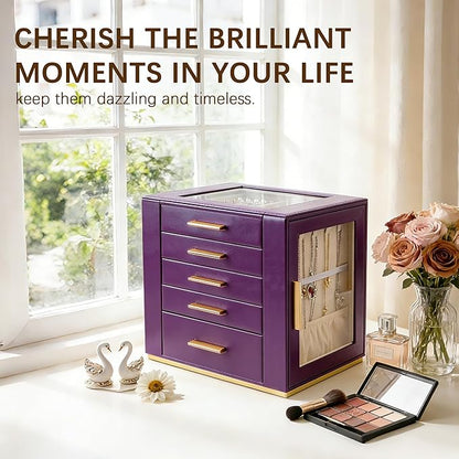 Homeanda Jewelry Box for Women with Glass Lid, 5 Drawers Jewelry Organizer and Storage for Necklaces, Rings, Earrings, Bracel
