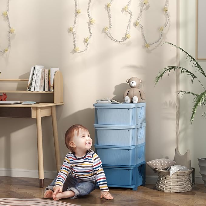 Qaba 4 Tier Kids Storage Unit, Toy Organizers and Storage with 4 Drawer Chest for Kids Bedroom Nursery Kindergarten Living Ro