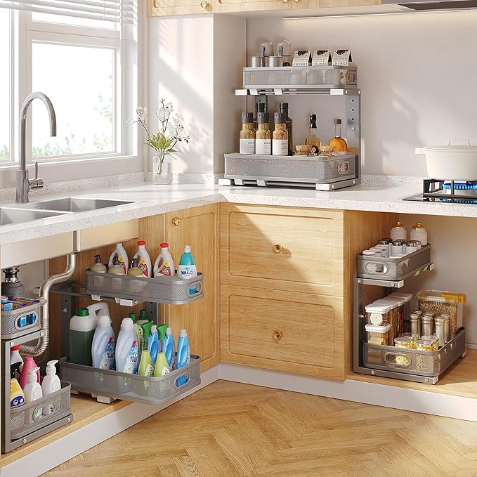 2 Pack 21.3IN-Depth Under Sink Organizer with Smooth Cylindrical Rail,2-Tier Pull Out Multi-Purpose Cabinet Storage for Bathr