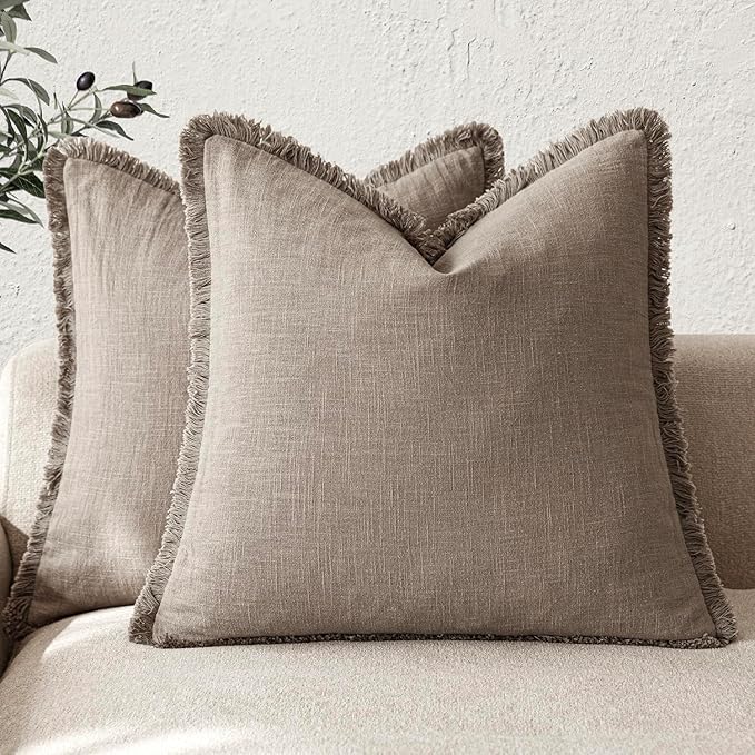 Foindtower Set of 2 Decorative Linen Fringe Throw Pillow Covers Boho Farmhouse Cushion Cover with Tassels Soft Accent Pillowc