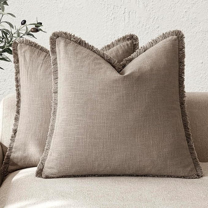 Foindtower Set of 2 Decorative Linen Fringe Throw Pillow Covers Boho Farmhouse Cushion Cover with Tassels Soft Accent Pillowc