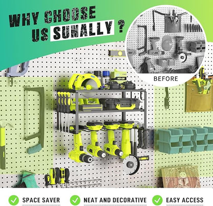 SUNALLY Power Tool Organizer, Heavy Duty Iron, 3 Layers Storage Rack with 4 Drill Holders, Floating Tool Shelf Wall Mounted, 