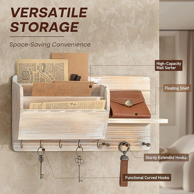 Rebee Vision Pine Wood Key Holder Wall Mount – Key Holder for Wall with Mail Slot & Floating Shelf for Mail & Apartment Essen