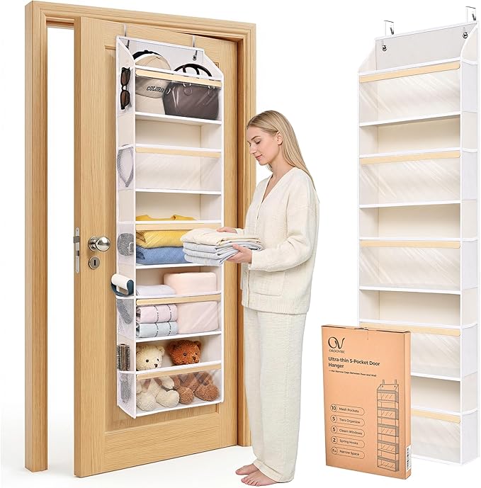 Ultra-Thin 5 Tiers Over the Door Organizer Hanging with 10 Side Pocket for Narrow Gaps,44lbs Behind the Door Storage Closet B