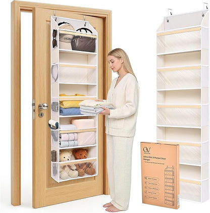 Ultra-Thin 5 Tiers Over the Door Organizer Hanging with 10 Side Pocket for Narrow Gaps,44lbs Behind the Door Storage Closet B