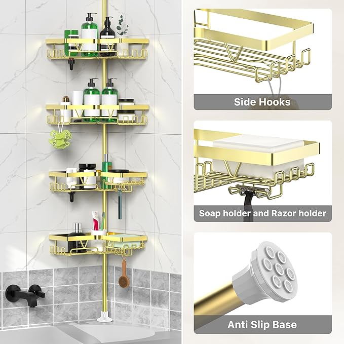 Shower Caddy Tension Pole with 2 Soap Holders, Adjustable Corner Shower Caddy, Gold Finish, Expandable 25-114.2 Inches for Ba