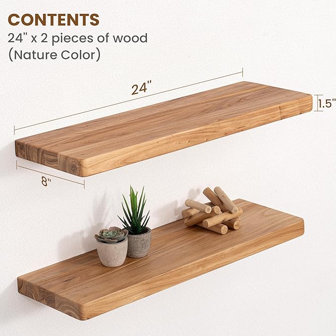 Floating Shelves for Wall, 24"Wx8"D Rustic Solid Elm Wood Floating Shelves Wall Mounted, Round Edge Wall Shelves with Invisib