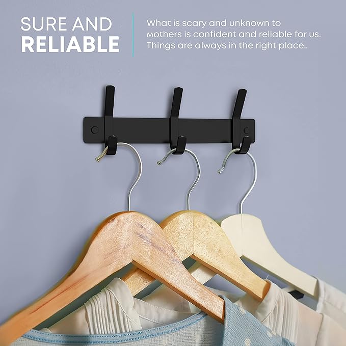Matte Black Small Coat Rack Wall Mount – 9 Inch Stainless Steel Hook Rail with 3 Double Coat Hooks – Wall Mounted Entryway Or