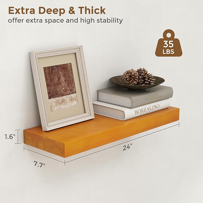 Marsmiles 24 Inch Wood Floating Shelves | Rustic Honey Oak Wall Shelves Set of 2 | 24" W x 7.7" D x 1.6" H Wooden Shelves for