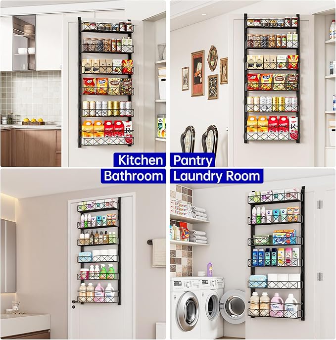 MIAOLI Over the Door Organizer, Black 6-Tier Pantry Door Organizer with Adjustable Basket, Hanging Spice Rack Cabinet Door Sh