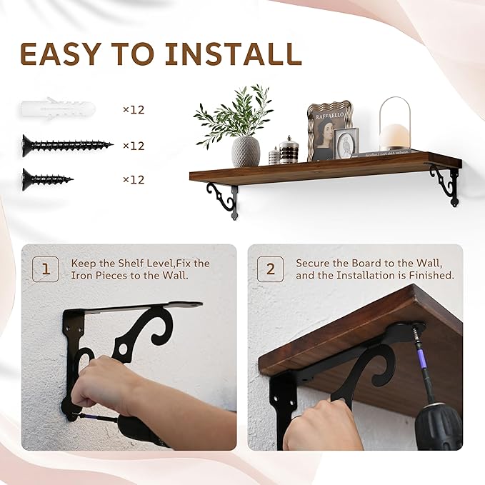 Solid Wood Floating Shelves for Wall with Metal Brackets,2 Tier 36 inch Pinewood Wall Shelf,Suitable for Multiple Places Such