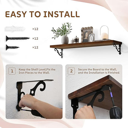 Solid Wood Floating Shelves for Wall with Metal Brackets,2 Tier 36 inch Pinewood Wall Shelf,Suitable for Multiple Places Such