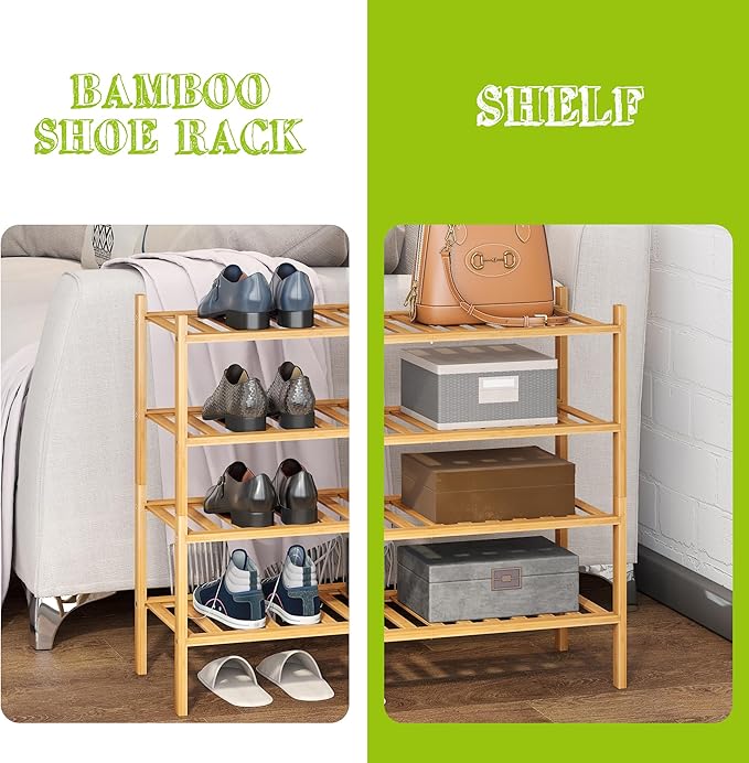 BMOSU 4-Tier Bamboo Shoe Rack Premium Stackable Shoe Shelf Storage Organizer for Hallway Closet Living Room Entryway Organize