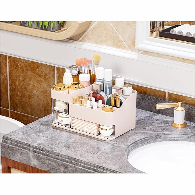Pink Make up Organizers for Vanity with 3 Drawers,Large Skincare Organizers for Countertop,Desk,Dresser,Plastic Bathroom Coun