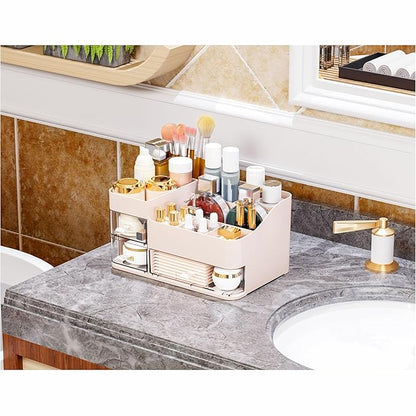 Pink Make up Organizers for Vanity with 3 Drawers,Large Skincare Organizers for Countertop,Desk,Dresser,Plastic Bathroom Coun