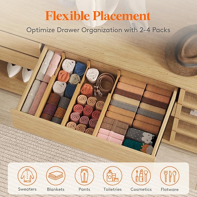 Lifewit 6" High 8 Pack Bamboo Drawer Dividers 33-42cm/13-16.5" Adjustable Wooden Drawer Organizer for Clothes/Utensils, Expan