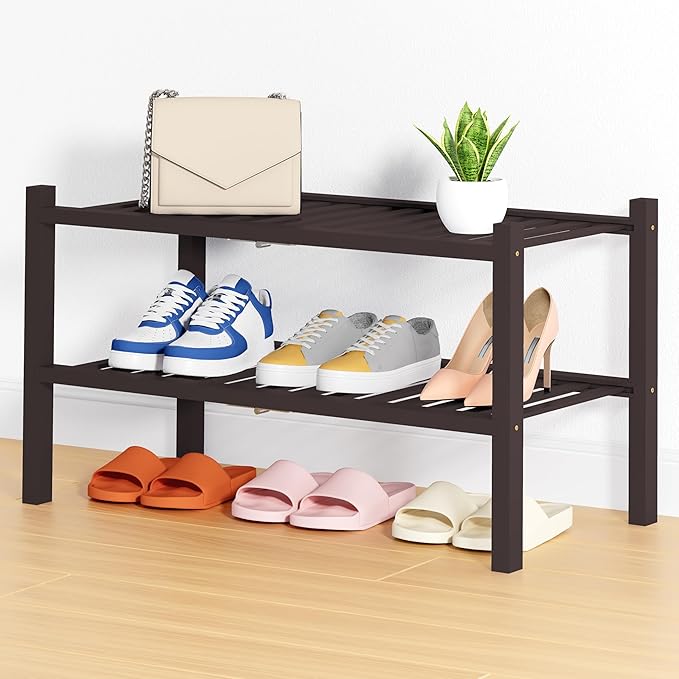 Smiry Shoe Rack, 2 Tier Thick Bamboo Shoe Organizer, Stackable Free Standing Wooden Shoe Storage Shelf for Closet, Entryway, 