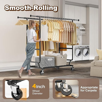 HOKEEPER Clothes Rack Heavy Duty Clothing Rack Load 650 LBS Collapsible Garment Rack with Wheels Double Rod Coat Rack for Han