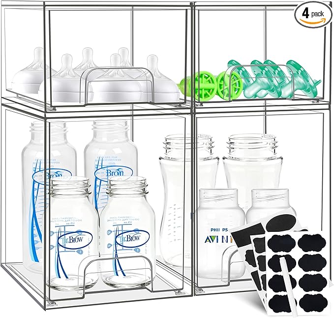 Baby Bottle Organizer, Stackable Storage Drawers with Label, Clear Station Organizers Container for Pacifiers, Pump Parts, De