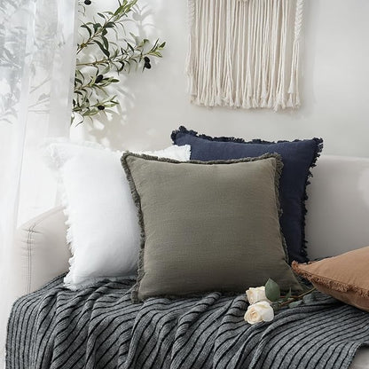 Foindtower Set of 2 Decorative Linen Fringe Throw Pillow Covers Cozy Boho Farmhouse Cushion Cover with Tassels Soft Accent Pi